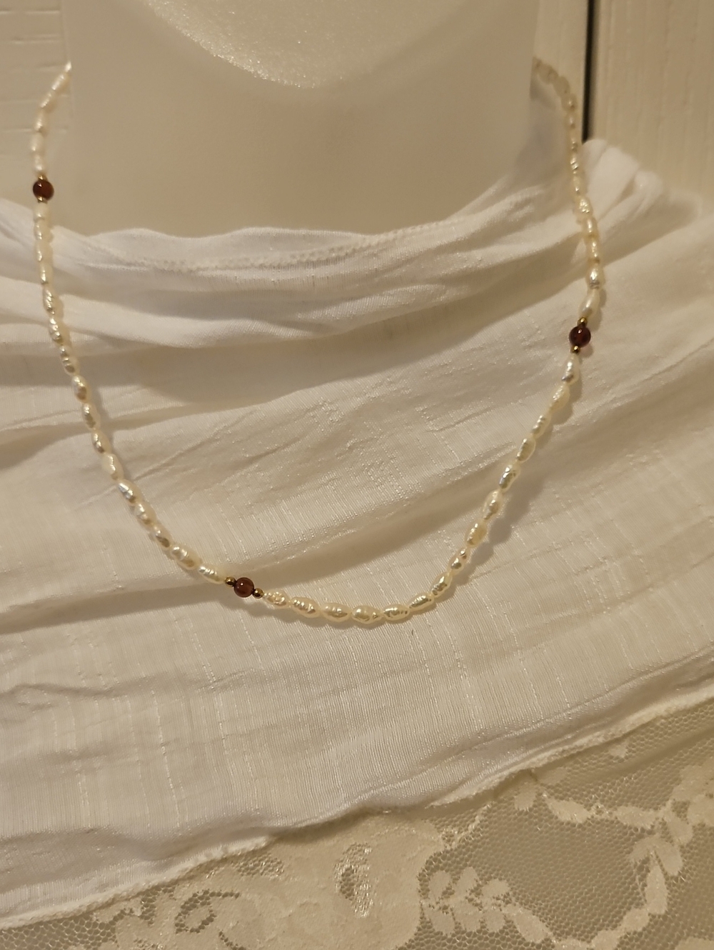 Freshwater Pearl Necklace with Garnet Accent - 14k Gold Filled Clasp, 16"